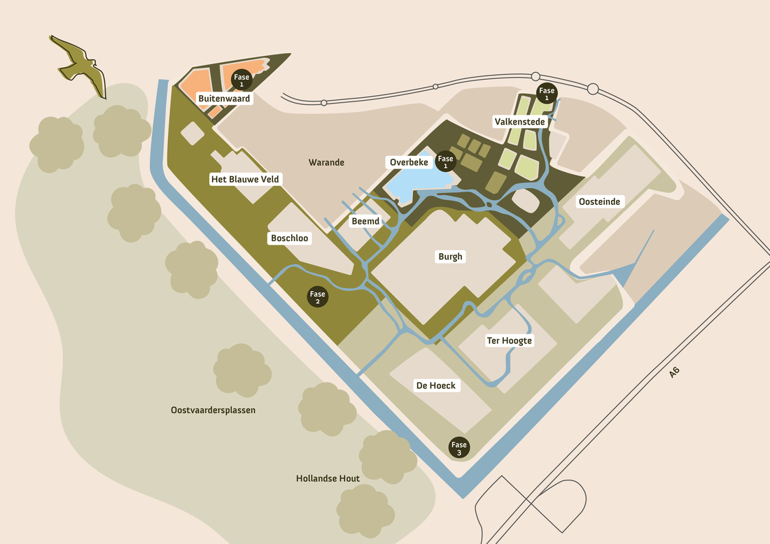 Landkaart van het gebied met daarin de plek en de namen van de 10 buurschappen aangegeven. Plus in welke fase dit buurtschap ontwikkeld wordt. Fase 1 omvat de buurtschappen Buitenwaard, Valkenstede en Overbeke; fase 2 Het Blauwe Veld, Boschloo en Burg. Fase 3: Oosteinde, Ter Hoogte en Oosteinde
