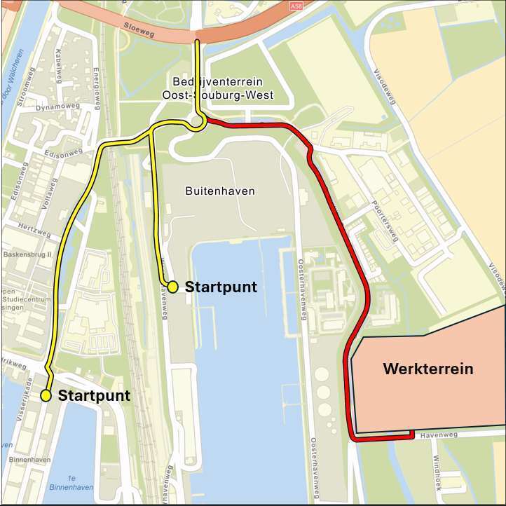 Overzichtskaart met de 3 rijroutes voor grondtransport. Route 1 Startpunt Eerste Binnenhavenweg naar Oude Veerhavenweg. Route 2 startpunt Westerhavenweg. Route 3 startpunt Havendorpweg.