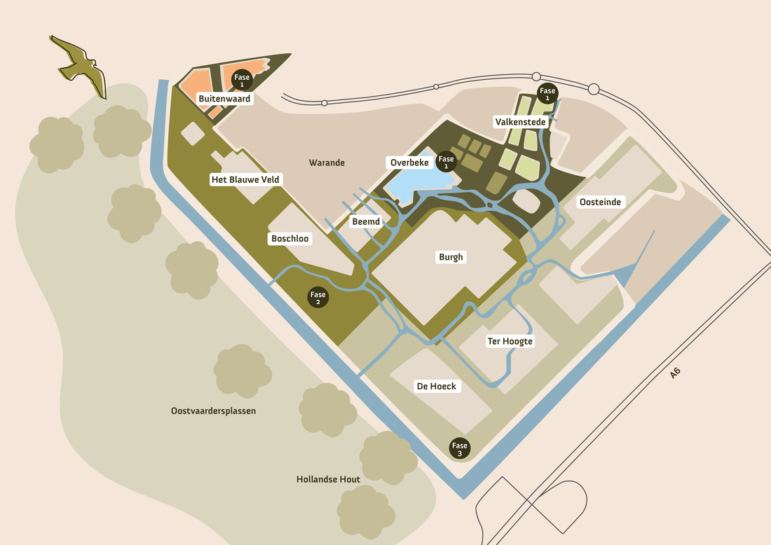 plattegrond zuiderhage met de namen en contouren van de 10 buurtschappen en de 3 fases.
