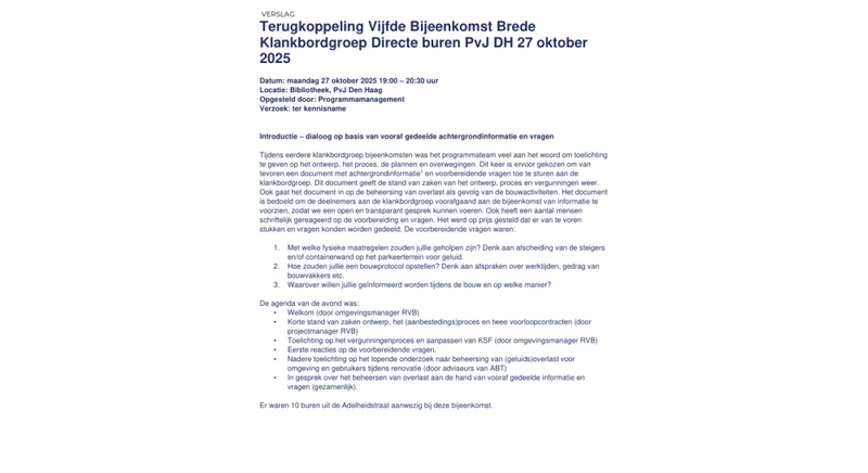 Verslag bijeenkomst klankbordgroep directeburen PvJ - 27 oktober 2025